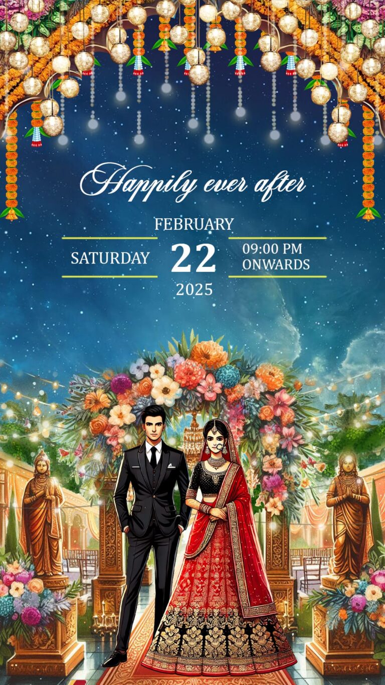 Animated Couple Minimalist Wedding Invitation Video with Bride-Groom Illustration and Mehendi, Haldi