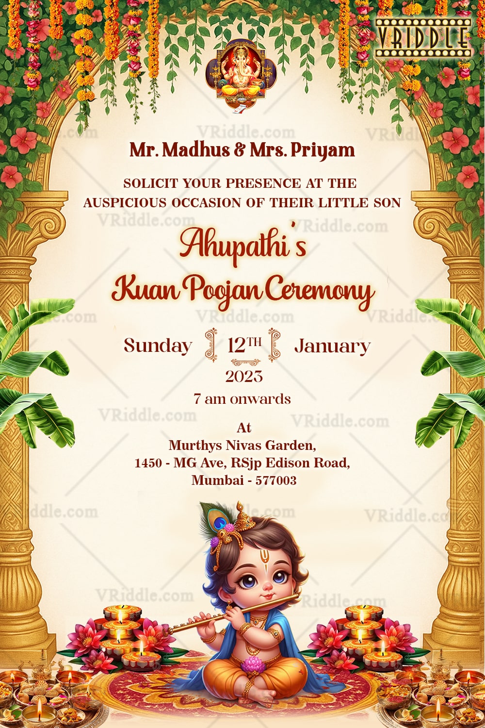 Baby Krishna Kuan Poojan Invitation with Divine and Festive Marigold Florals, and Grandeur Arch Design