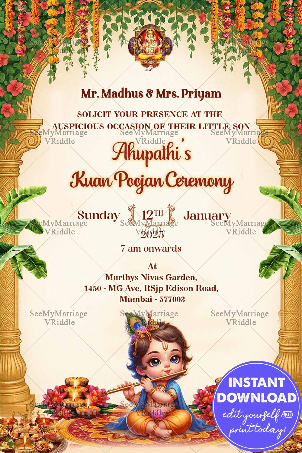 Baby Krishna Kuan Poojan Invitation with Divine and Festive Marigold Florals, and Grandeur Arch Design