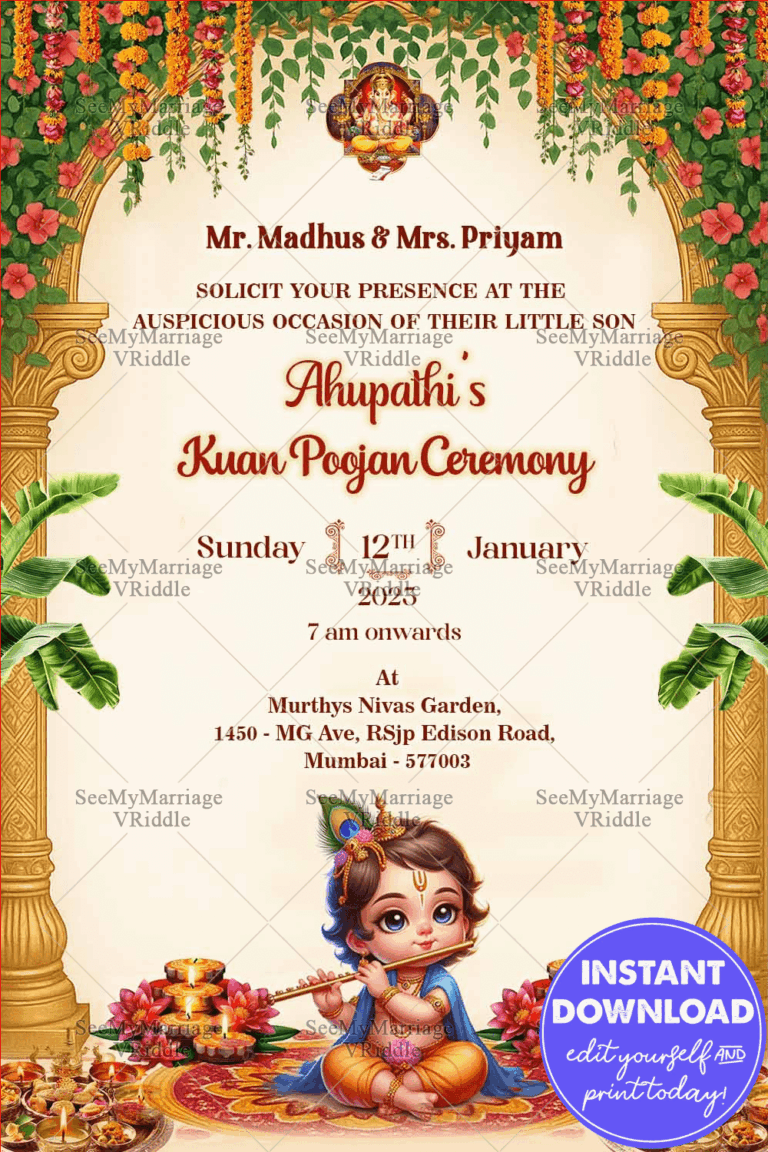 Baby Krishna Kuan Poojan Invitation with Divine and Festive Marigold Florals, Grandeur Arch Design