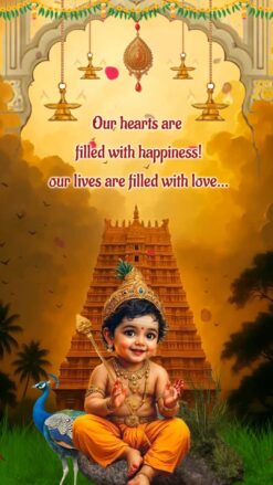 Bala Murugan Theme Seemantham Ceremony Video with Add Photo, Baby God Illustration, Temple Backdrop and Peacock