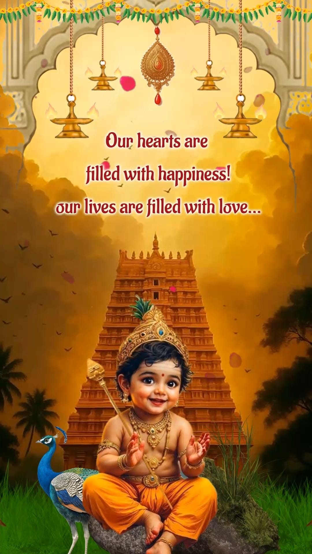Bala Murugan Theme Seemantham Ceremony Video with Add Photo, Baby God Illustration, Temple Backdrop and Peacock