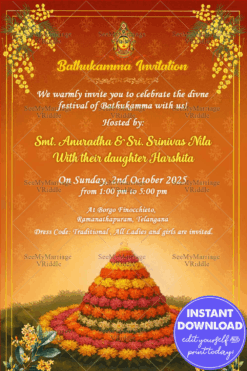Bathukamma Invitation Card In Festive Orange Theme with Floral Pyramid Illustration and Cultural Essence