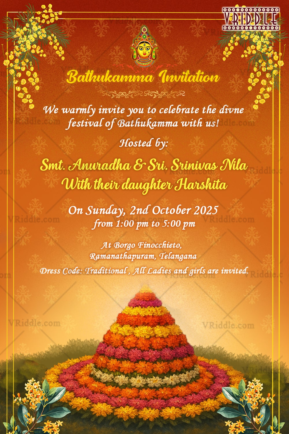 Bathukamma Invitation Card In Festive Orange Theme with Floral Pyramid Illustration and Cultural Essence