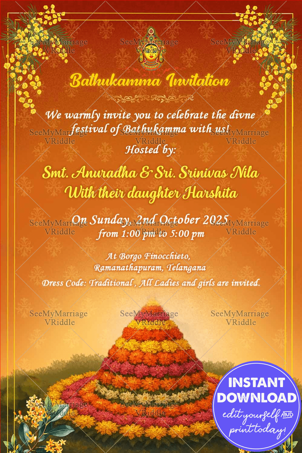 Bathukamma Invitation Card In Festive Orange Theme with Floral Pyramid Illustration and Cultural Essence