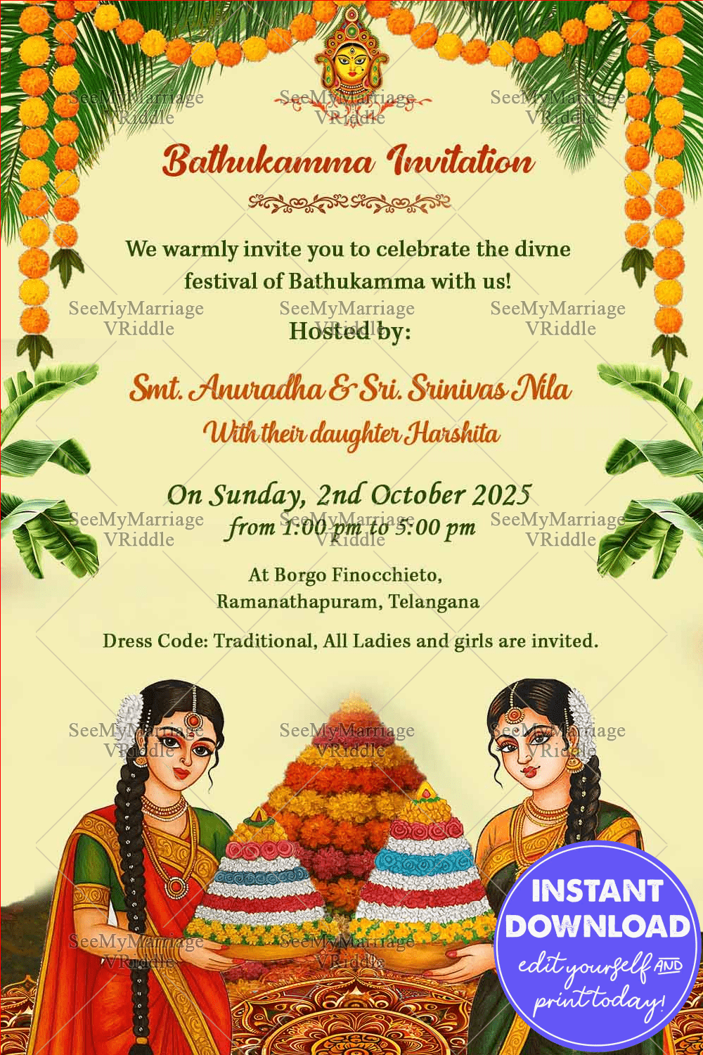 Bathukamma Invitation with Traditional Girls Holding Flower Stacks and Festive Decorations in Cream Background