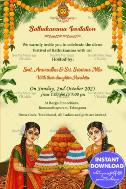 Bathukamma Invitation with Traditional Girls Holding Flower Stacks and Festive Decorations in Cream Background