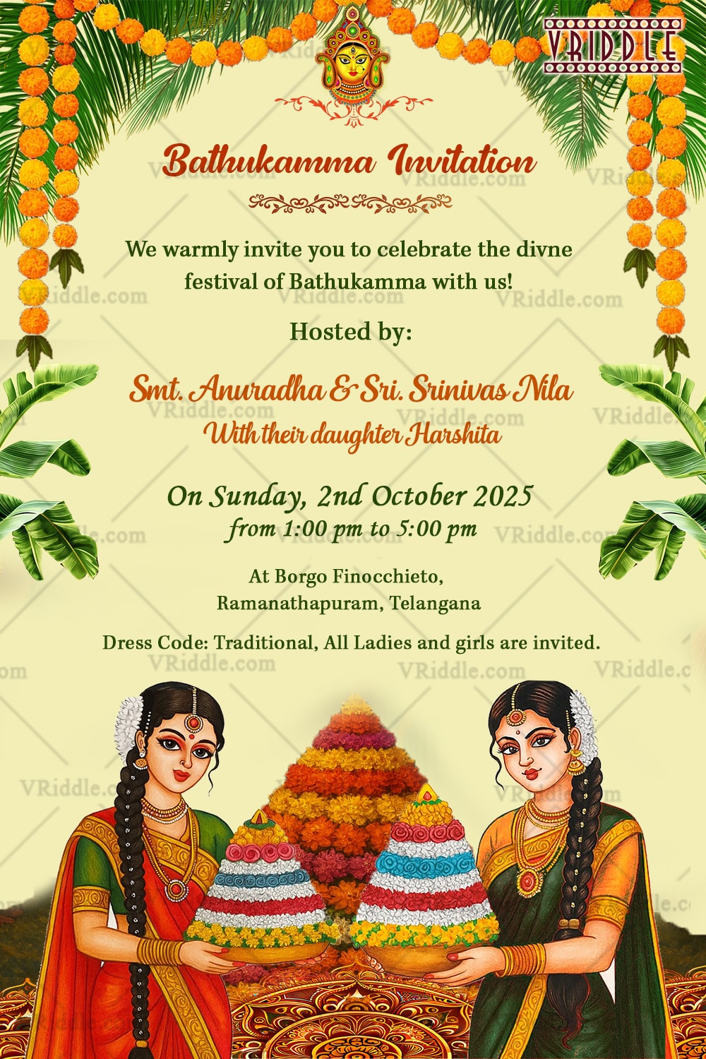 Bathukamma Invitation with Traditional Girls Holding Flower Stacks and Festive Decorations in Cream Background