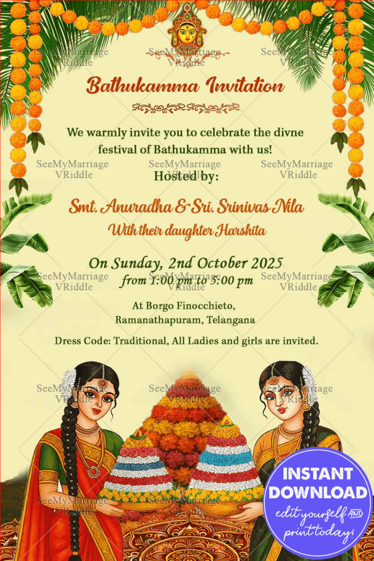 Bathukamma Invitation with Traditional Girls Holding Flower Stacks and Festive Decorations in Cream Background