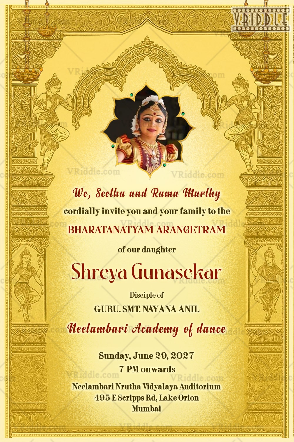 Bharatanatyam Arangetram Invitation with Classical Golden Mandala Frame, Temple-Style Pillar and Add Photo Option