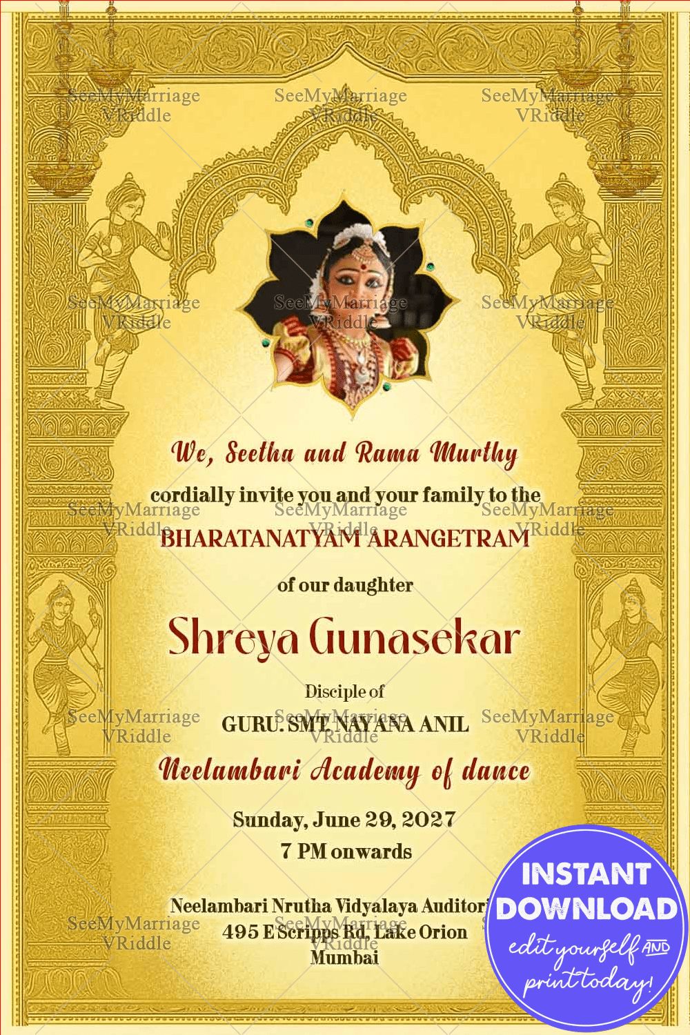 Bharatanatyam Arangetram Invitation with Classical Golden Mandala Frame, Temple-Style Pillar and Add Photo Option
