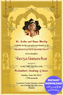 Bharatanatyam Arangetram Invitation with Classical Golden Mandala Frame, Temple-Style Pillar and Add Photo Option