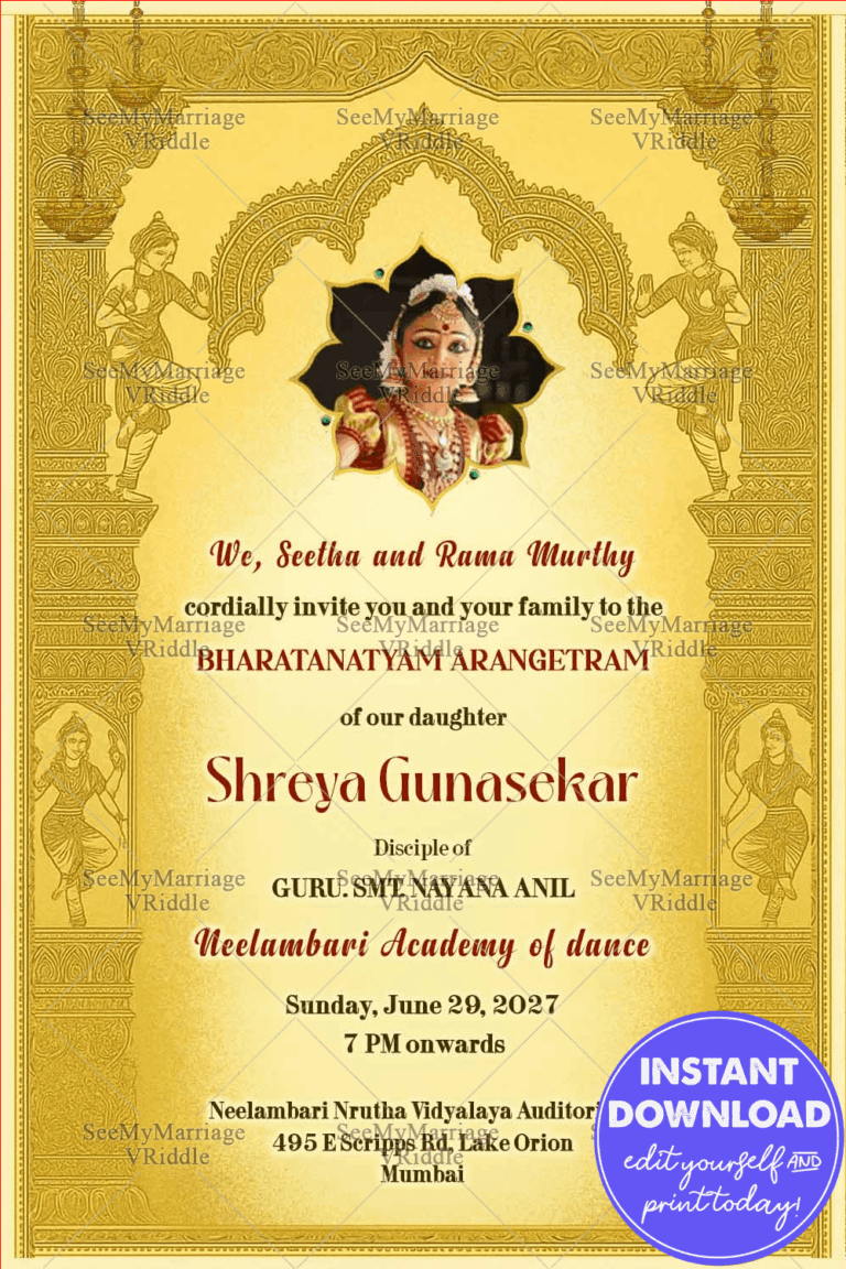 Bharatanatyam Arangetram Invitation with Classical Golden Mandala Frame, Temple-Style Pillar and Add Photo Option