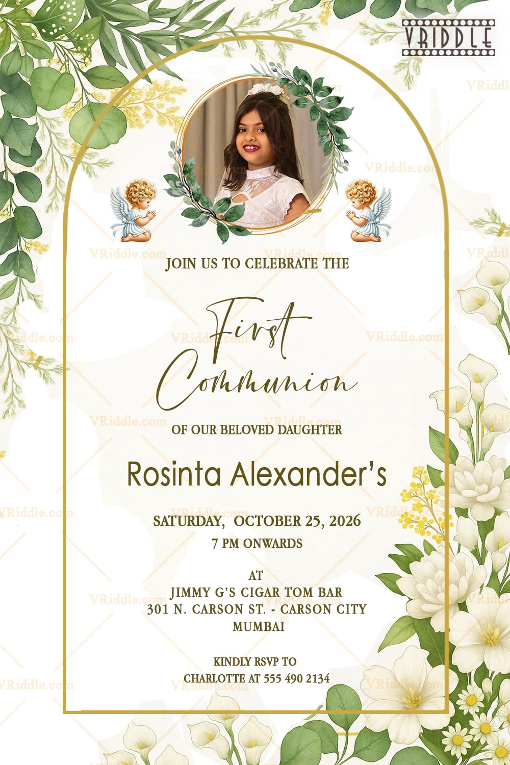 Blessed First Communion Invitation with Add Photo Option in a Golden Frame with Green & White Floral, Heavenly Angels