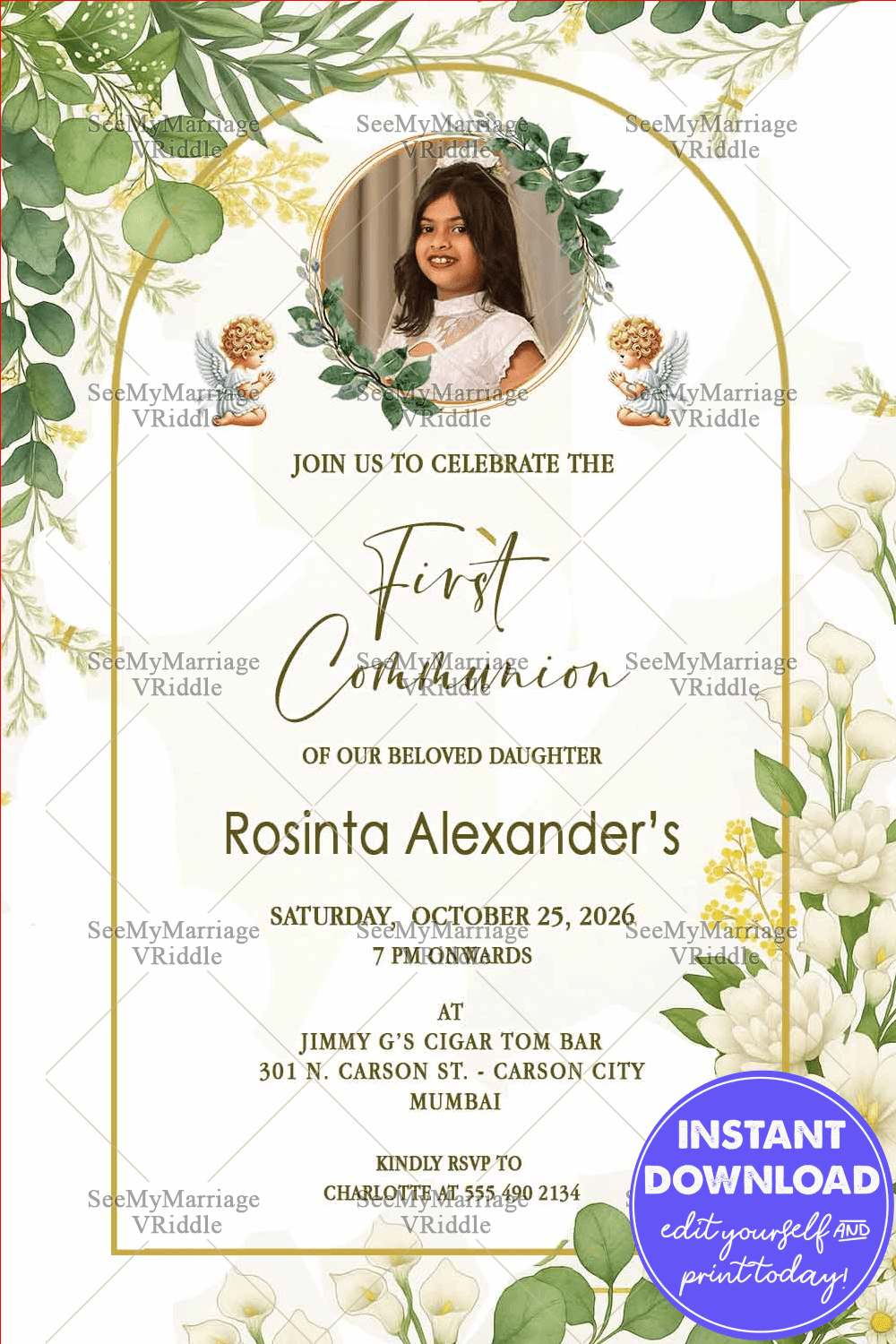 Blessed First Communion Invitation with Add Photo Option in a Golden Frame with Green & White Floral, Heavenly Angels