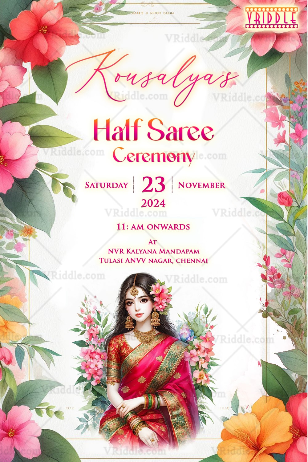 Blossoming into Tradition Half Saree Ceremony Invitation Card with Pink Floral Decor and Graceful South Indian Beauty