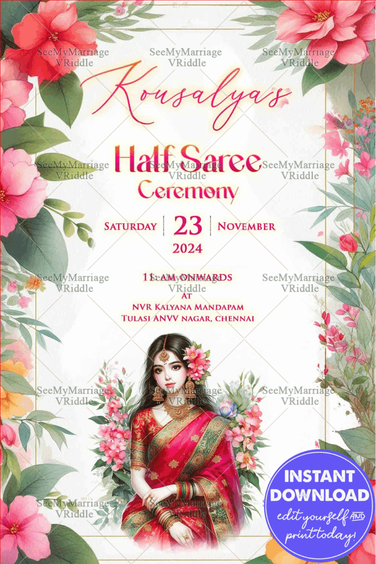 Blossoming into Tradition Half Saree Ceremony Invitation Card with Pink Floral Decor and Graceful South Indian Beauty