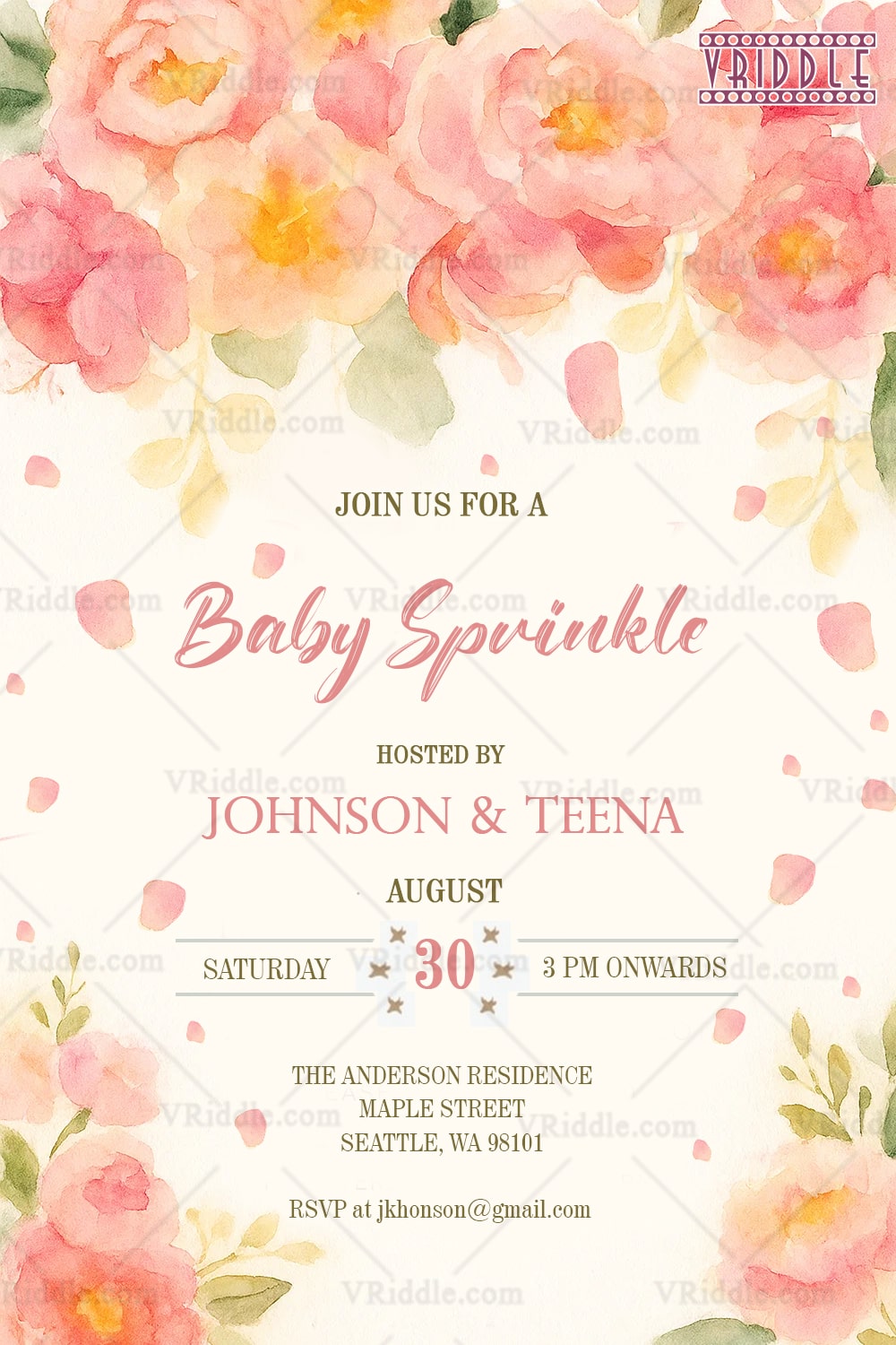 Blush Peach Baby Sprinkle Invitation with Watercolor Blossoms and Scattered Petal Background