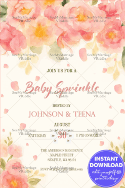 Blush Peach Baby Sprinkle Invitation with Watercolor Blossoms and Scattered Petal Background