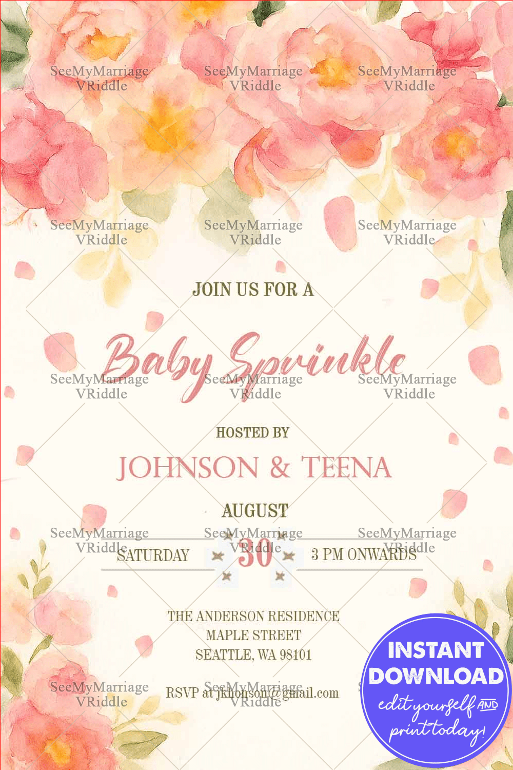 Blush Peach Baby Sprinkle Invitation with Watercolor Blossoms and Scattered Petal Background