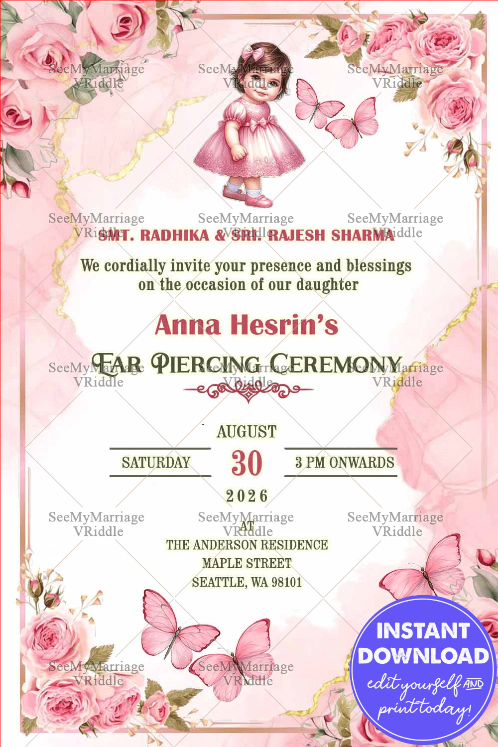 Blush Pink Ear Piercing Ceremony Invitation with Cute Baby Girl & Rose Floral, Butterflies with Golden Vine Accents.