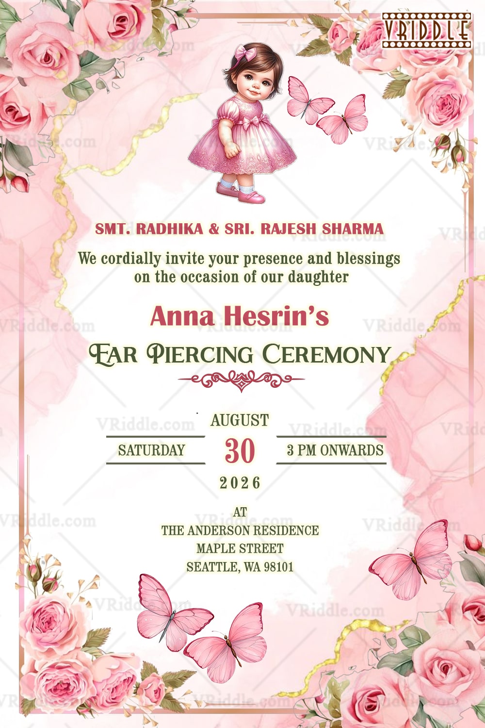 Blush Pink Ear Piercing Ceremony Invitation with Cute Baby Girl & Rose Floral, Butterflies with Golden Vine Accents.