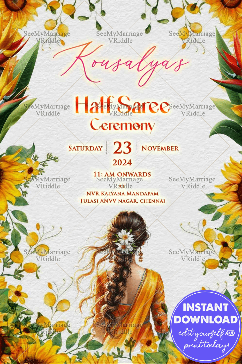 Cherished Sunflower Half Saree Ceremony Invitation with Traditional South Indian Charm In Soft Watercolor Textured Backdrop