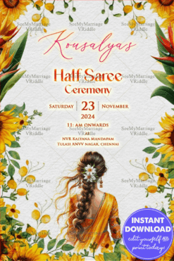Cherished Sunflower Half Saree Ceremony Invitation with Traditional South Indian Charm In Soft Watercolor Textured Backdrop