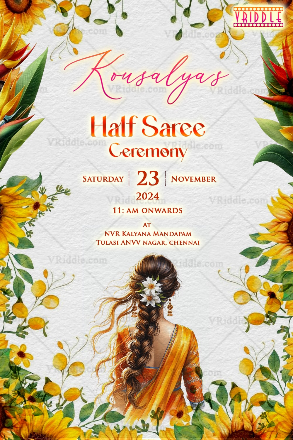 Cherished Sunflower Half Saree Ceremony Invitation with Traditional South Indian Charm In Soft Watercolor Textured Backdrop