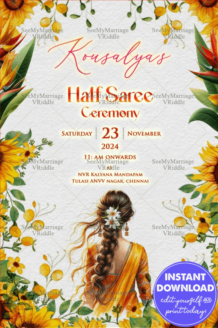 Cherished Sunflower Half Saree Ceremony Invitation with Traditional South Indian Charm In Soft Watercolor Textured Backdrop