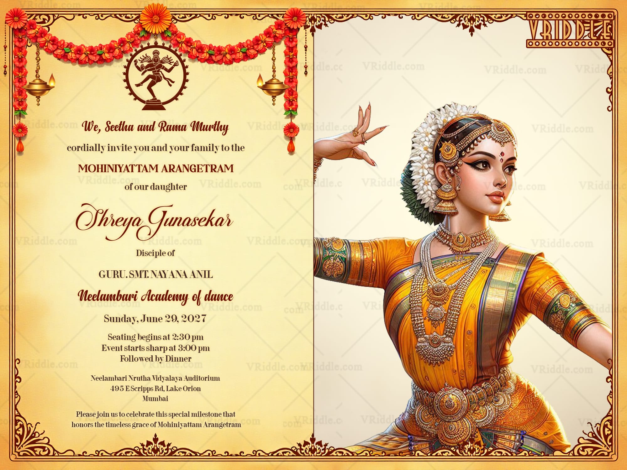 Classical Dance Mohiniyattam Arangetram Invitation Card with Add Photo and Traditional Garland Decor