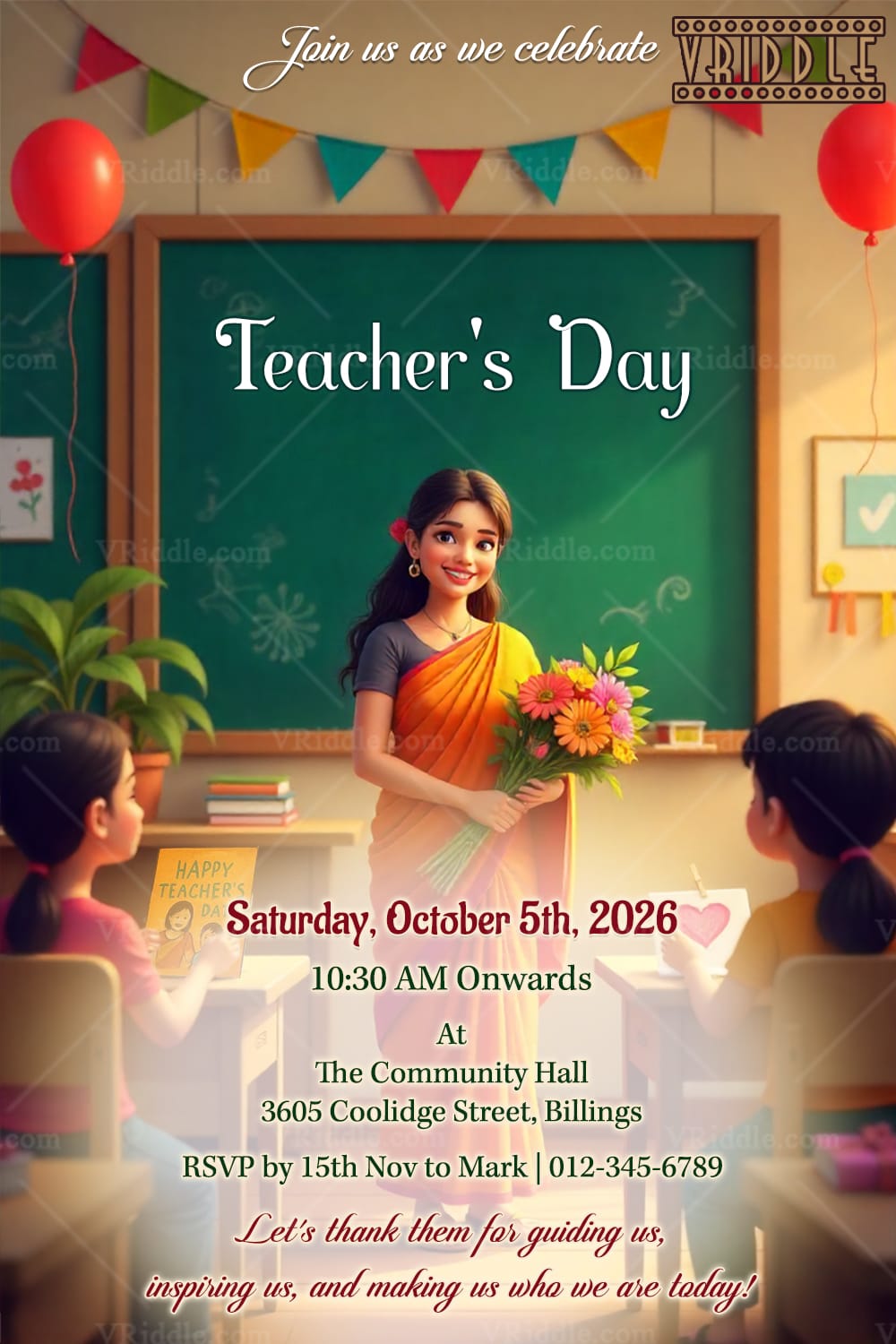 Classroom Themed Teacher’s Day Invitation with Student Illustration and Chalkboard