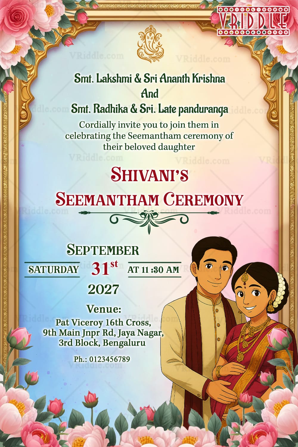 Couple Illustration Ghibli Seemantham Ceremony Card with Golden Frame and Blooming Flowers