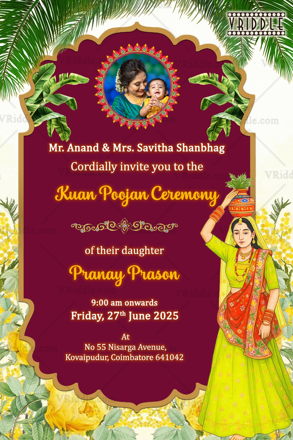 Cultural Symbolism Kuan Poojan Invitation with Mom, Banyan Tree, Yellow Florals & Add Photo Option with Warmth