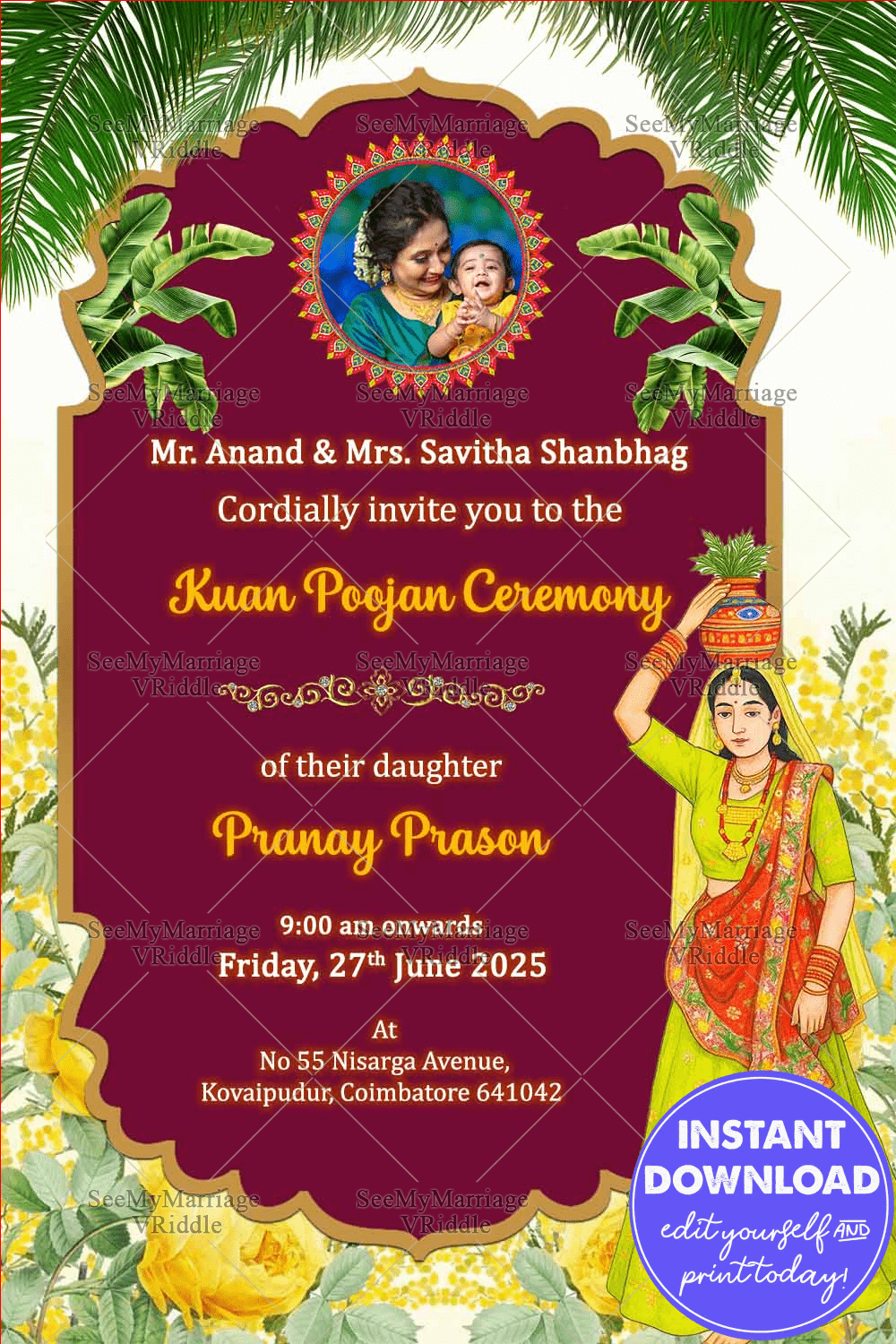 Cultural Symbolism Kuan Poojan Invitation with Mom, Banyan Tree, Yellow Florals & Add Photo Option with Warmth