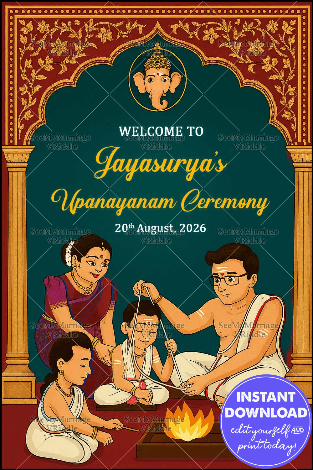 Devotion-Filled Upanayanam Ceremony Welcome Sign Board with Sacred Family Ritual Illustration