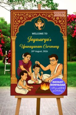 Devotion-Filled Upanayanam Ceremony Welcome Sign Board with Sacred Family Ritual Illustration
