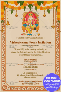 Divine & Graceful Vishwakarma Puja Invitation on Soft Beige Background with Marigold Garland Accents and Lord Vishwakarma Illustration