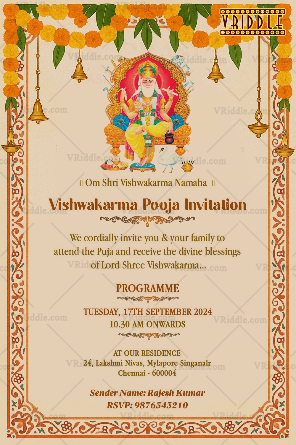 Divine & Graceful Vishwakarma Puja Invitation on Soft Beige Background with Marigold Garland Accents and Lord Vishwakarma Illustration