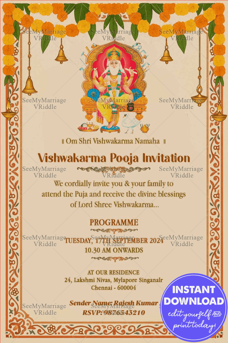 Divine & Graceful Vishwakarma Puja Invitation on Soft Beige Background with Marigold Garland Accents and Lord Vishwakarma Illustration