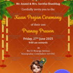 Divine Kuan Poojan Invitation with Baby Krishna Charm and Festive Floral Elegance in Rich Saffron-Orange BG