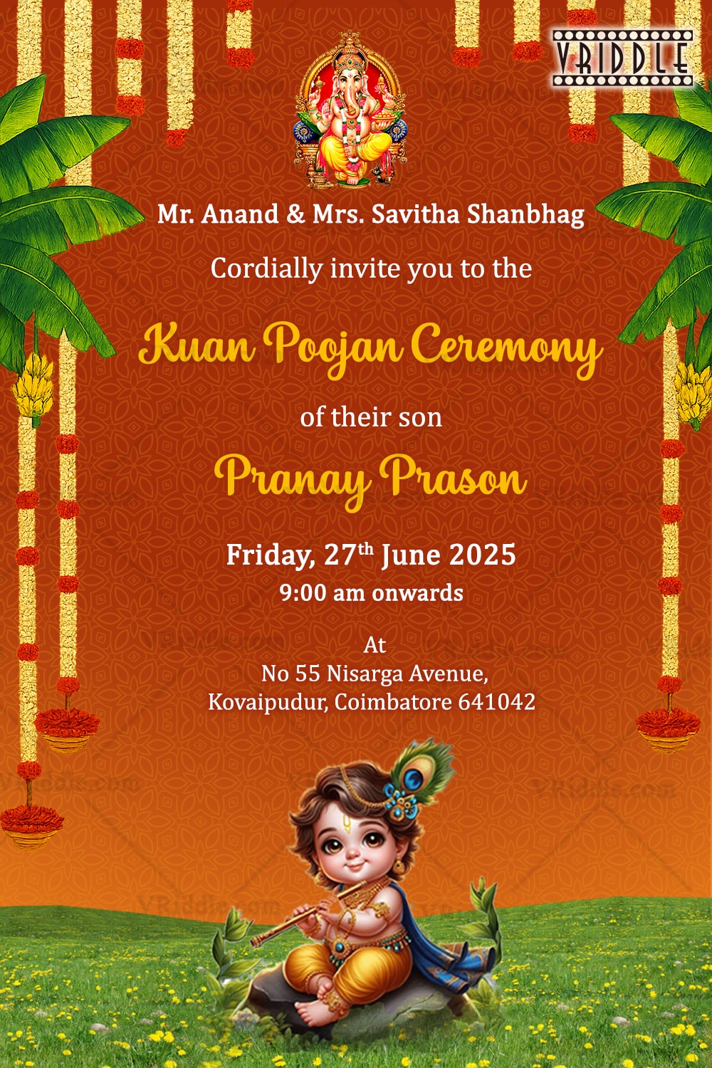 Divine Kuan Poojan Invitation with Baby Krishna Charm and Festive Floral Elegance in Rich Saffron-Orange BG