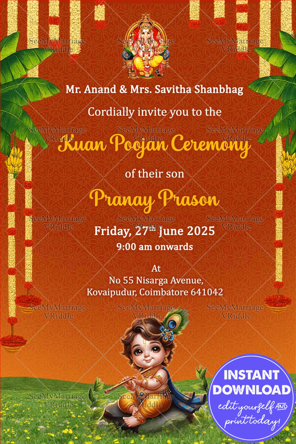 Divine Kuan Poojan Invitation with Baby Krishna Charm and Festive Floral Elegance in Rich Saffron-Orange BG