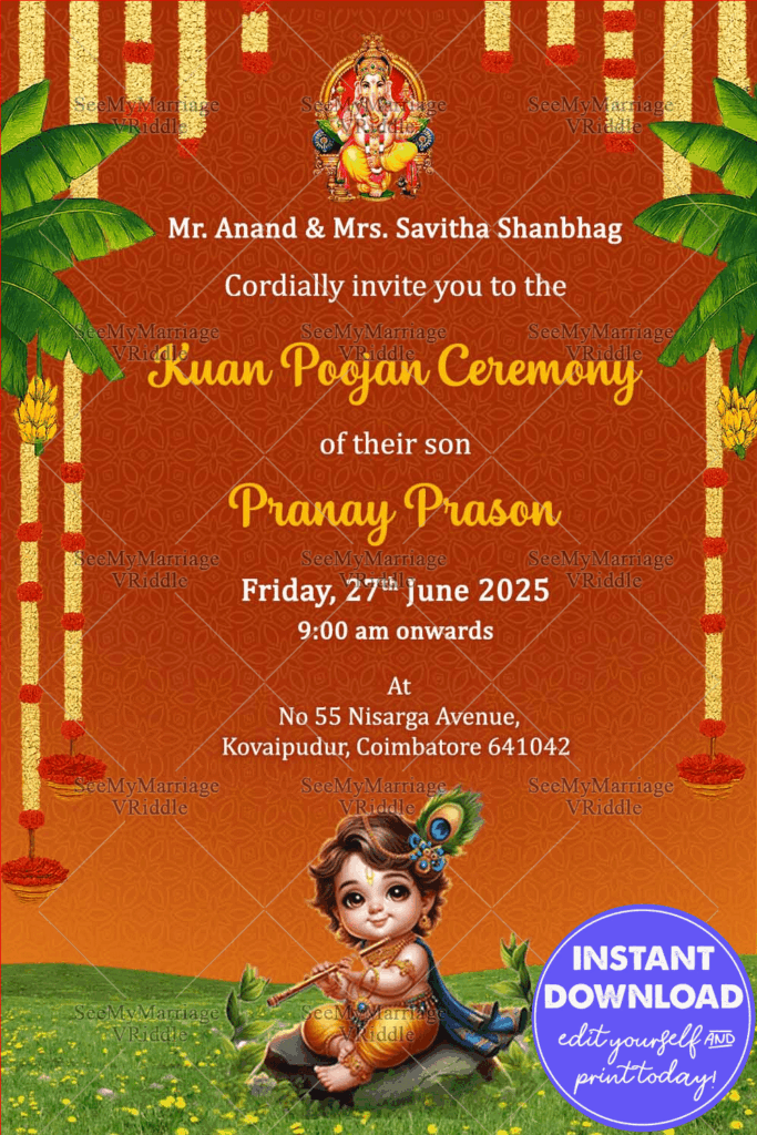 Divine Kuan Poojan Invitation with Baby Krishna Charm and Festive Floral Elegance in Rich Saffron-Orange BG