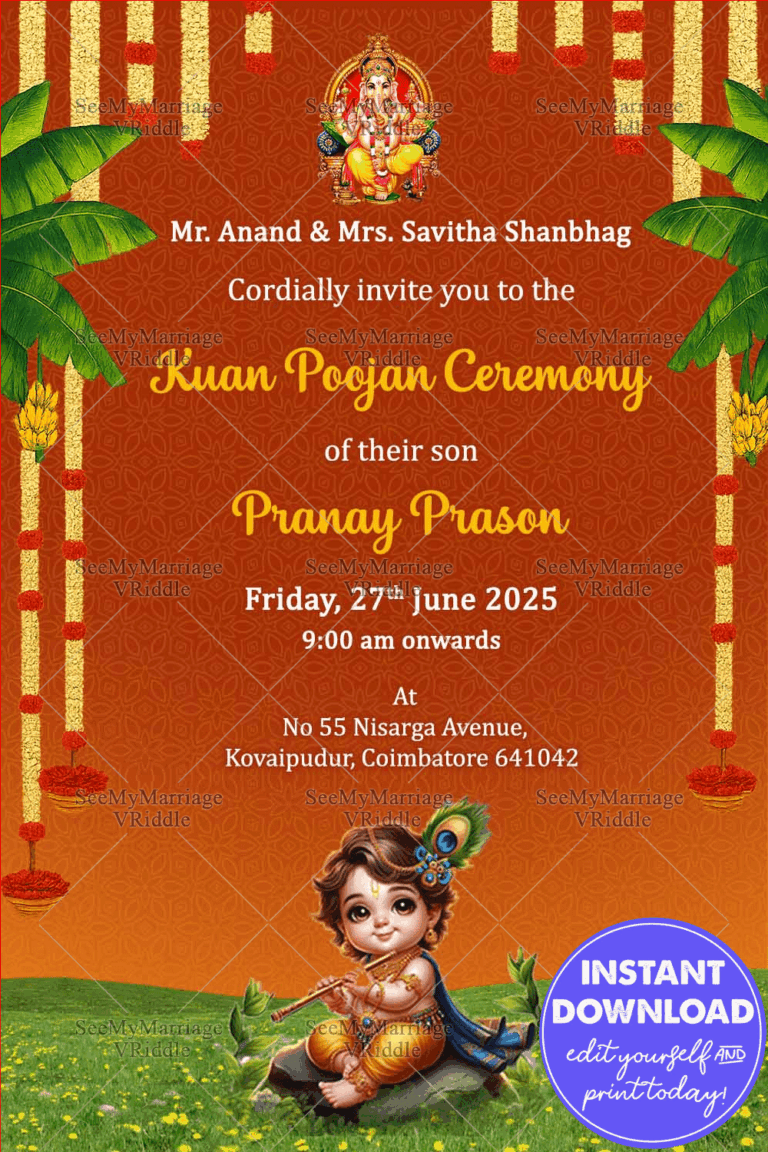 Divine Kuan Poojan Invitation with Baby Krishna Charm and Festive Floral Elegance in Rich Saffron-Orange BG