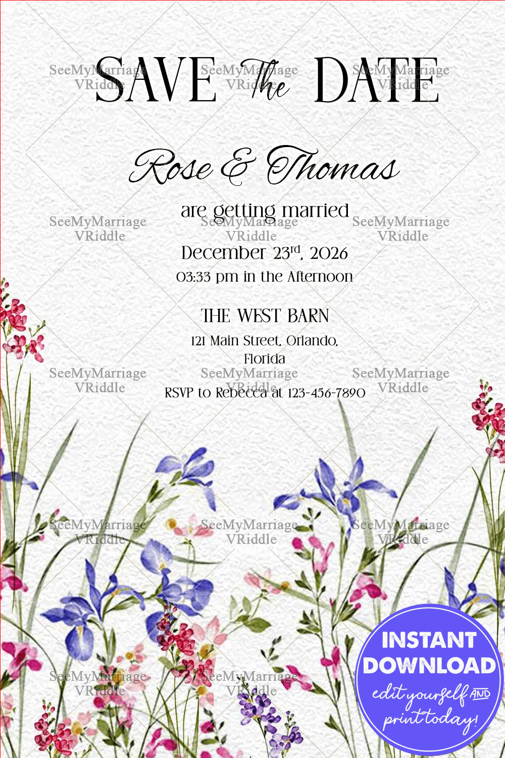 Dreamy Meadow Wildflowers Save The Date with Elegant Topography