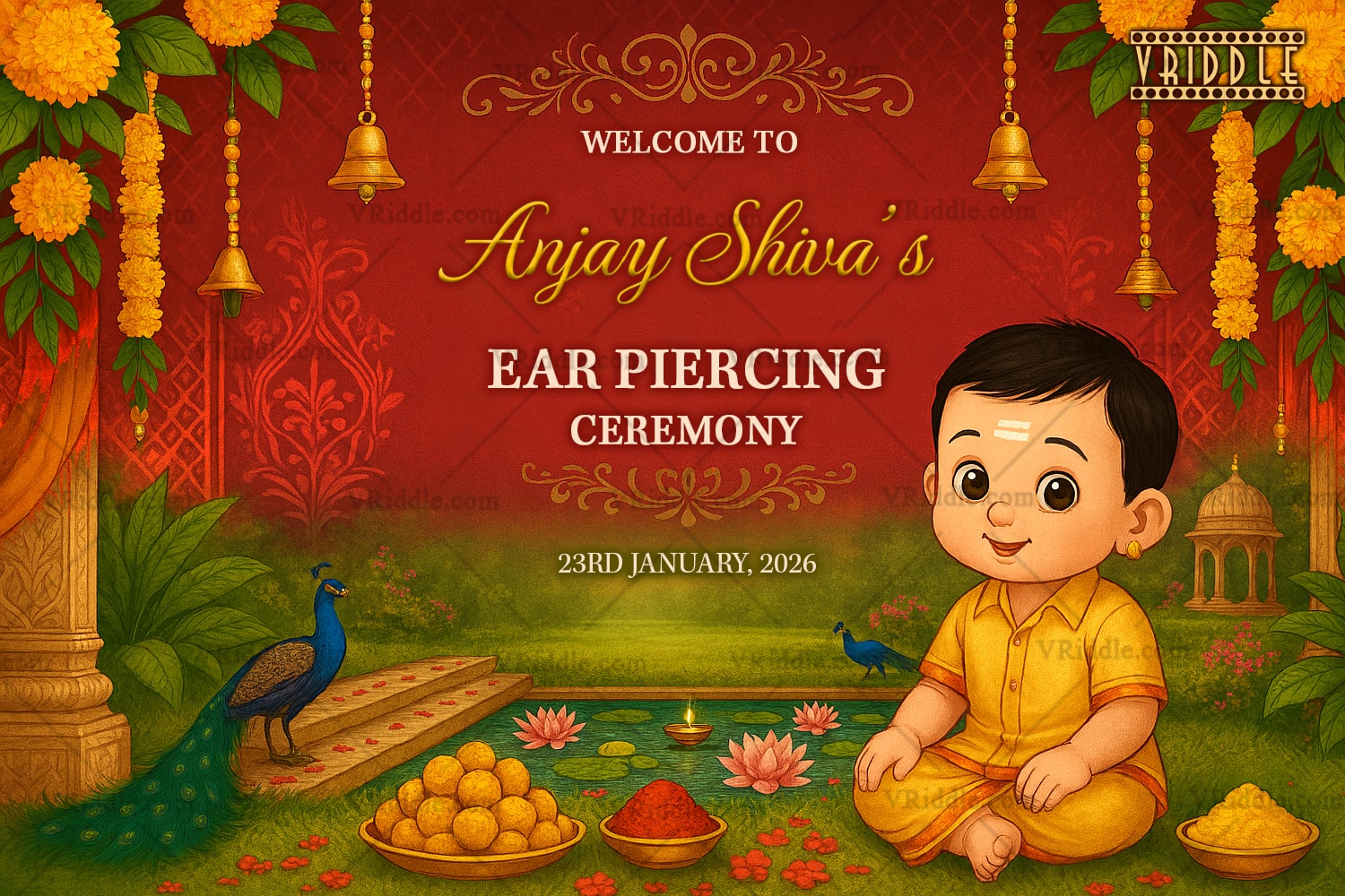 Royal Maroon Ear Piercing Ceremony Welcome Sign Board for Baby Illustration, Peacock, Marigold on Garden-Themed BG