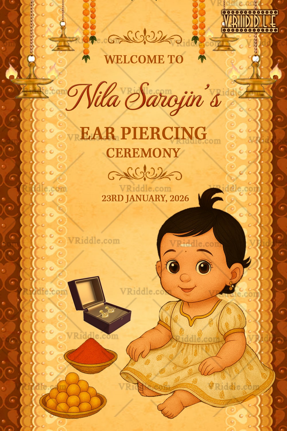 Golden Glow Ear Piercing Ceremony Welcome Card with Baby Illustration, Temple Lamps, and Marigold Garlands on Cream Background