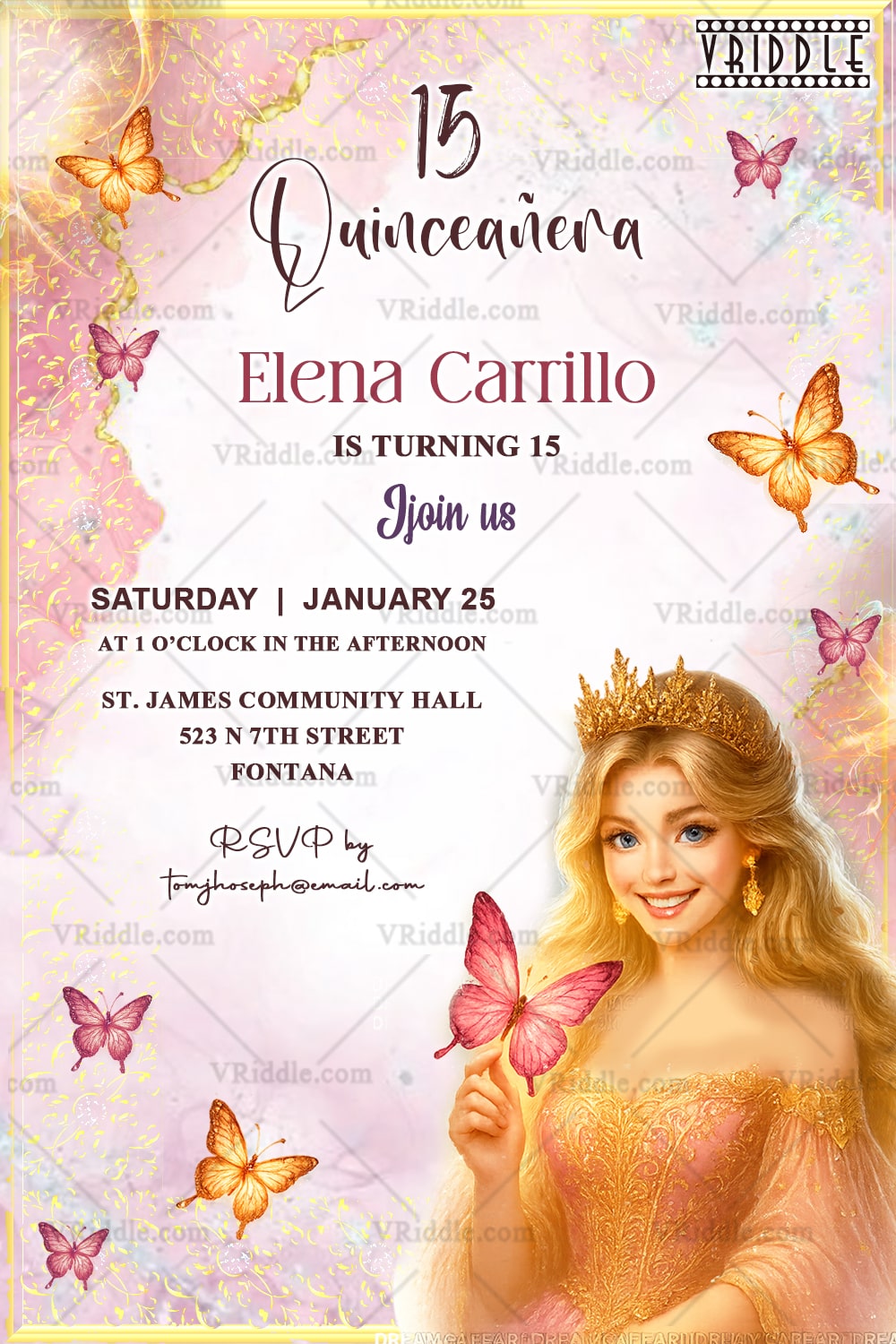 Enchanted Dreams Quinceañera Invitation with Princess Illustration Golden Crown & Butterflies
