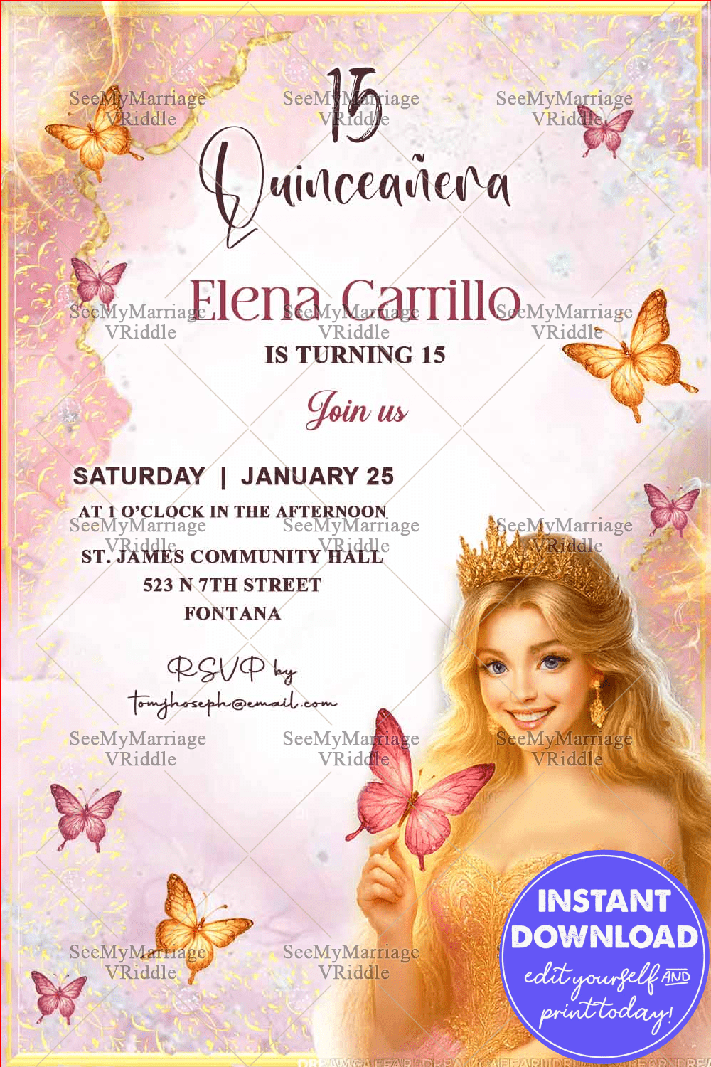 Enchanted Dreams Quinceañera Invitation with Princess Illustration Golden Crown & Butterflies